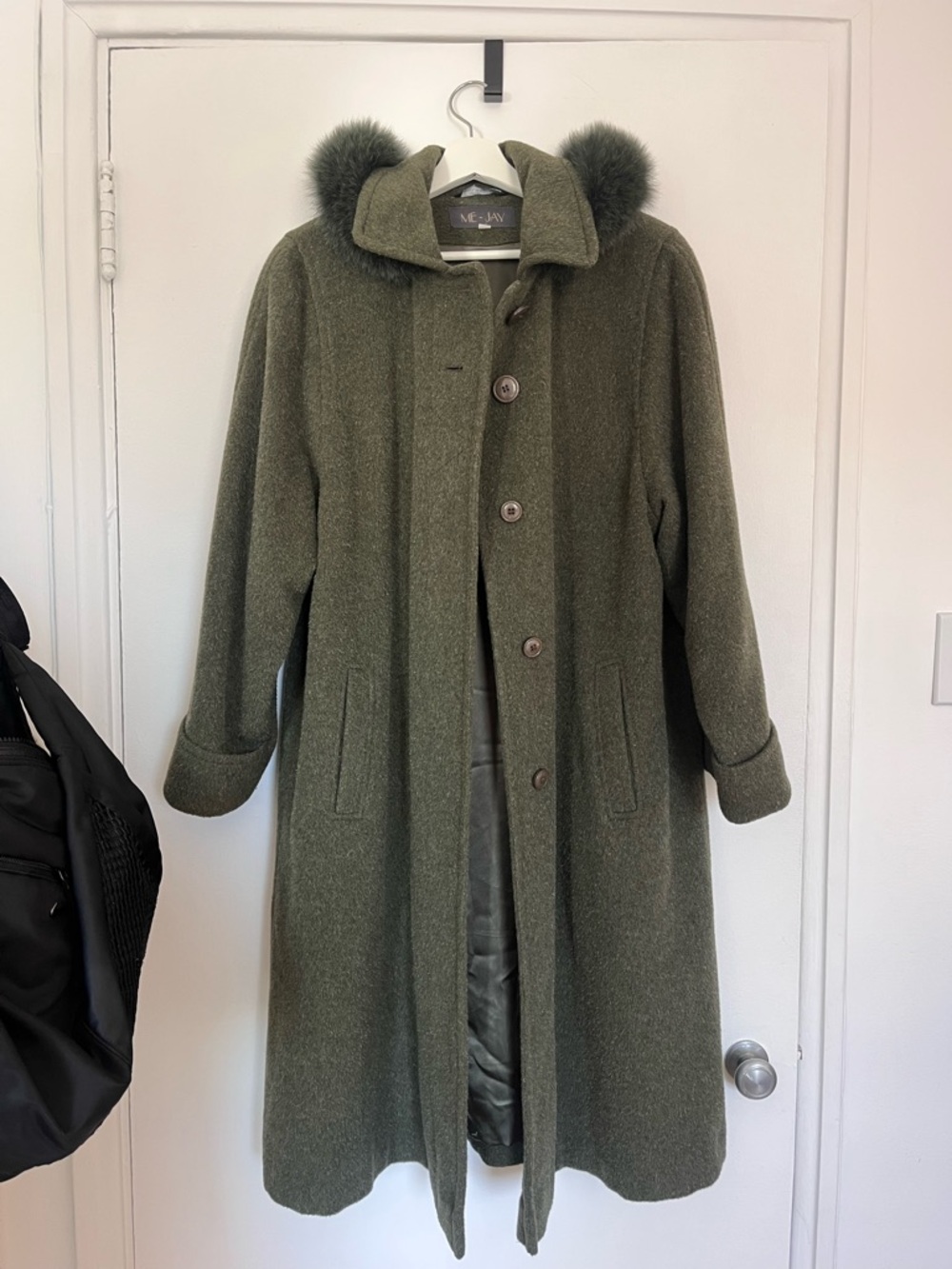 ME+EM Olive Wool Single-Breasted Coat with Fur-Trimmed Hood
